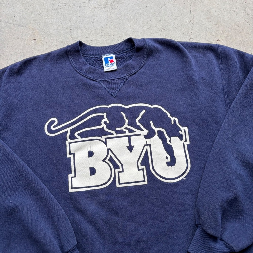 Vintage 90s Russell Athletic BYU Cougars Sweatshirt Navy Blue Made in USA Large